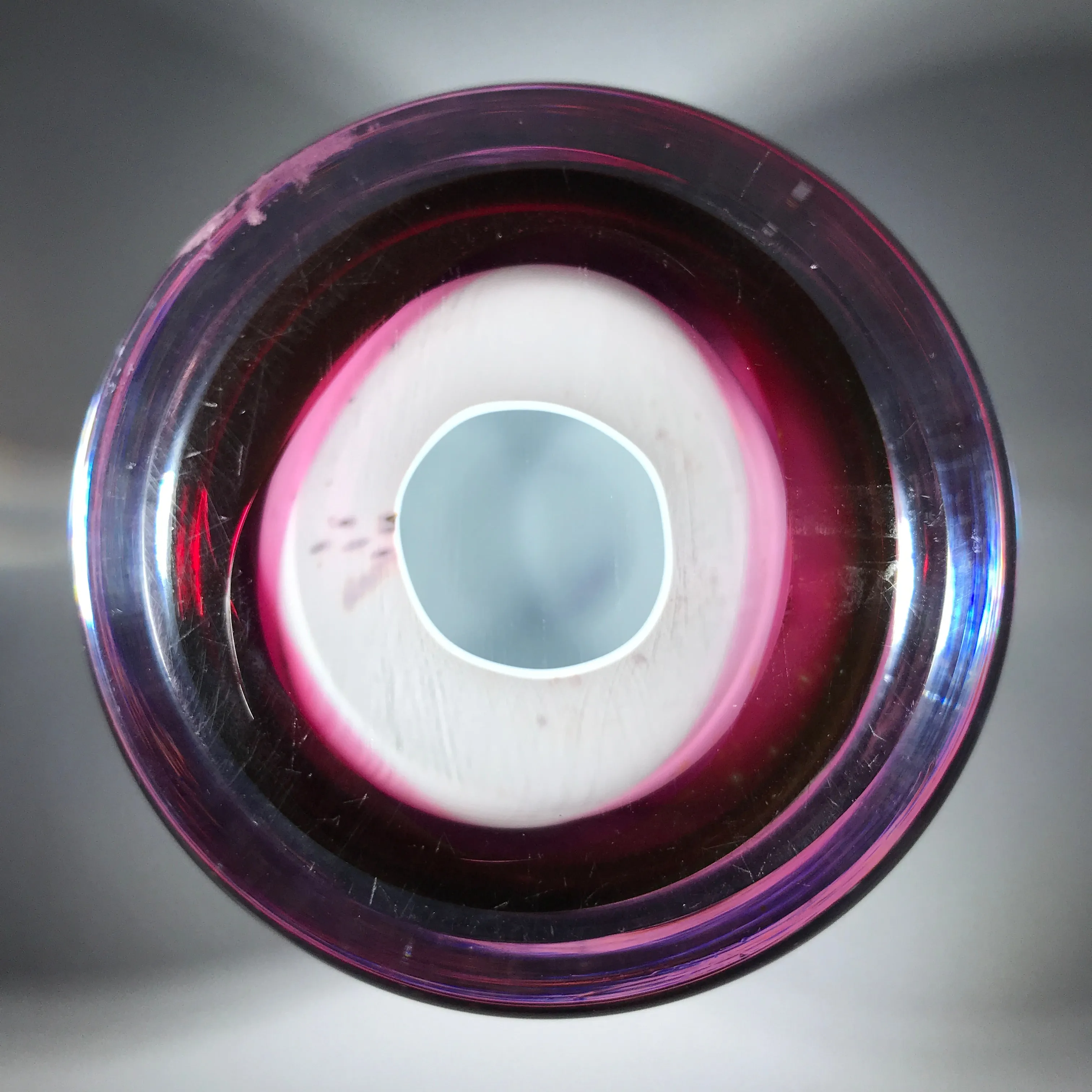 Val St. Lambert Art Glass Paperweight Complex Millefiori Garland on Opaque Plum Colored Ground
