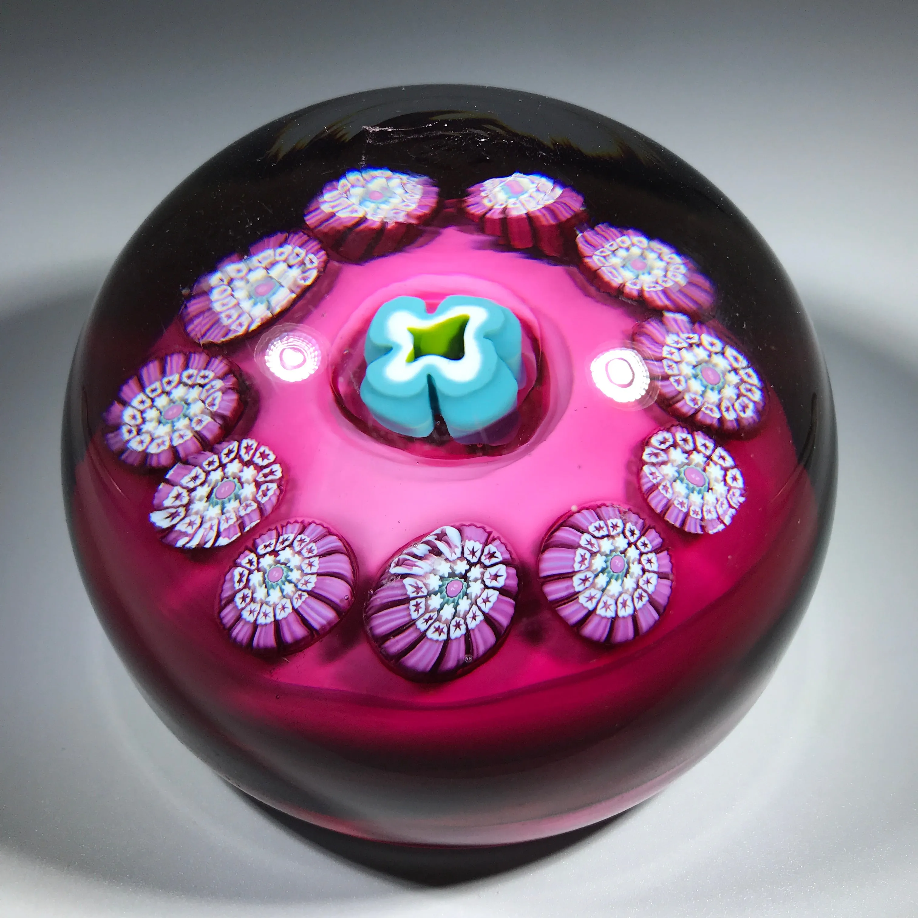 Val St. Lambert Art Glass Paperweight Complex Millefiori Garland on Opaque Plum Colored Ground