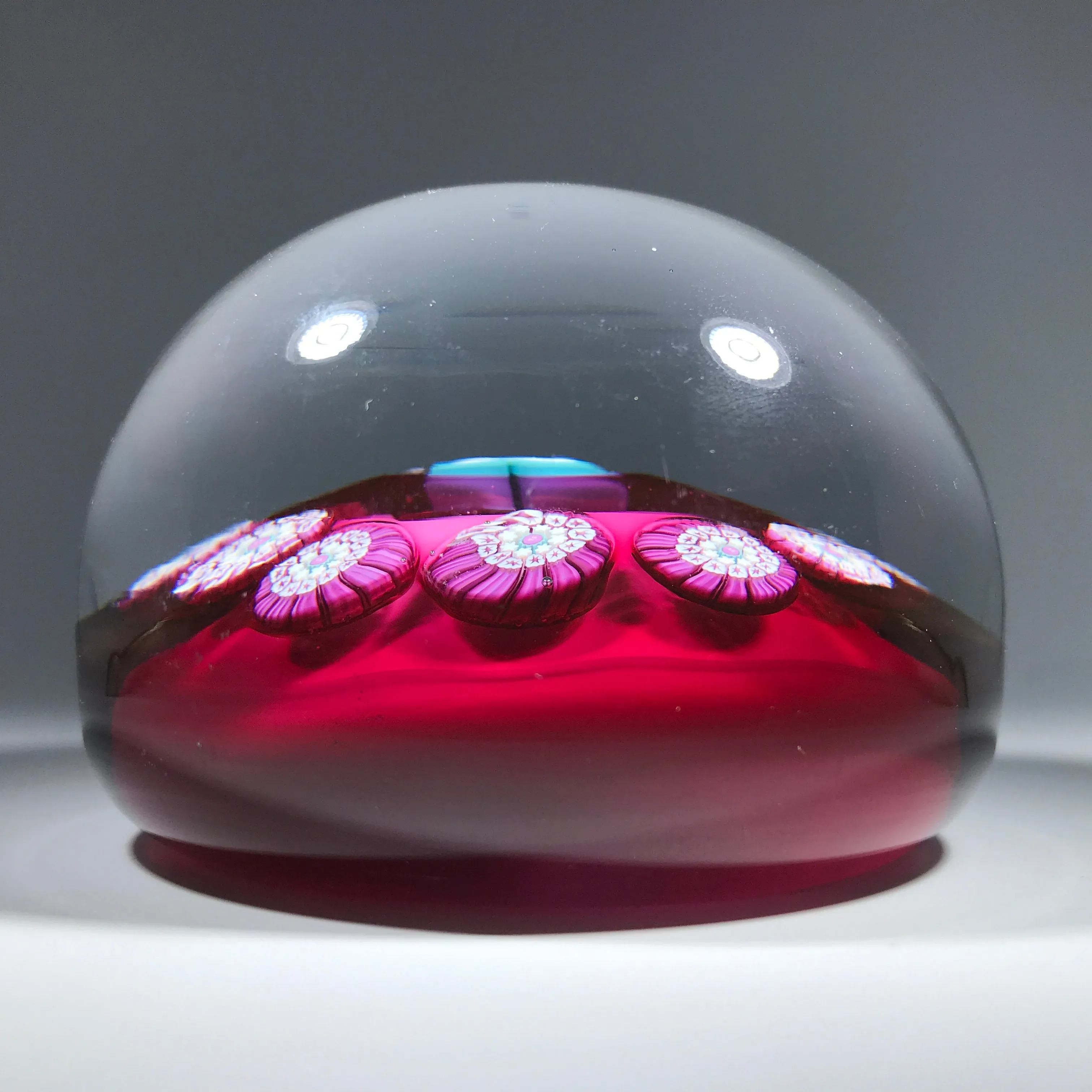 Val St. Lambert Art Glass Paperweight Complex Millefiori Garland on Opaque Plum Colored Ground