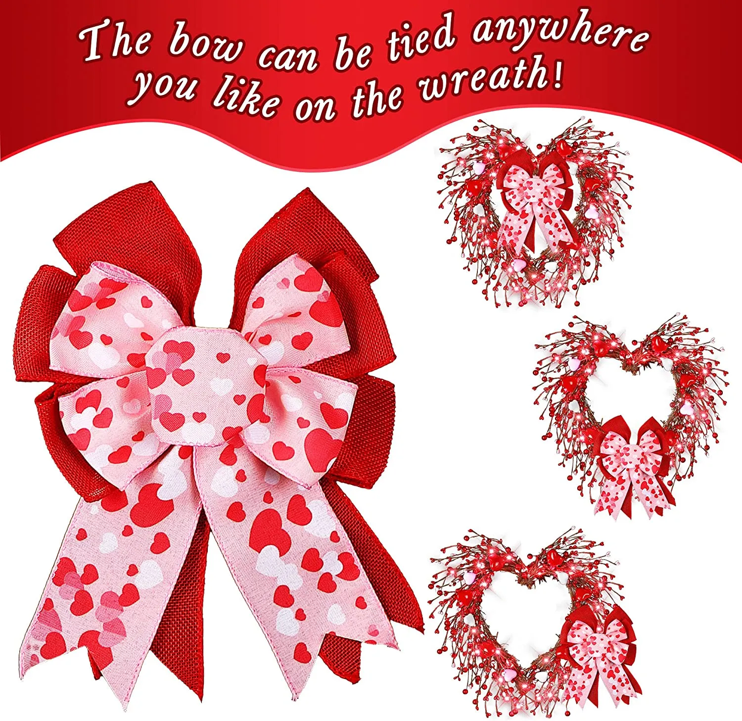 Valentines/Wedding Wreath with 20 Red LEDs, 12 Inch Heart Wreath with Handmade Heart Bow, Artificial Grapevine Red Berries Front Door Wreath for Valentine's Day Wedding Anniversary Decor (Red, Pink, White)
