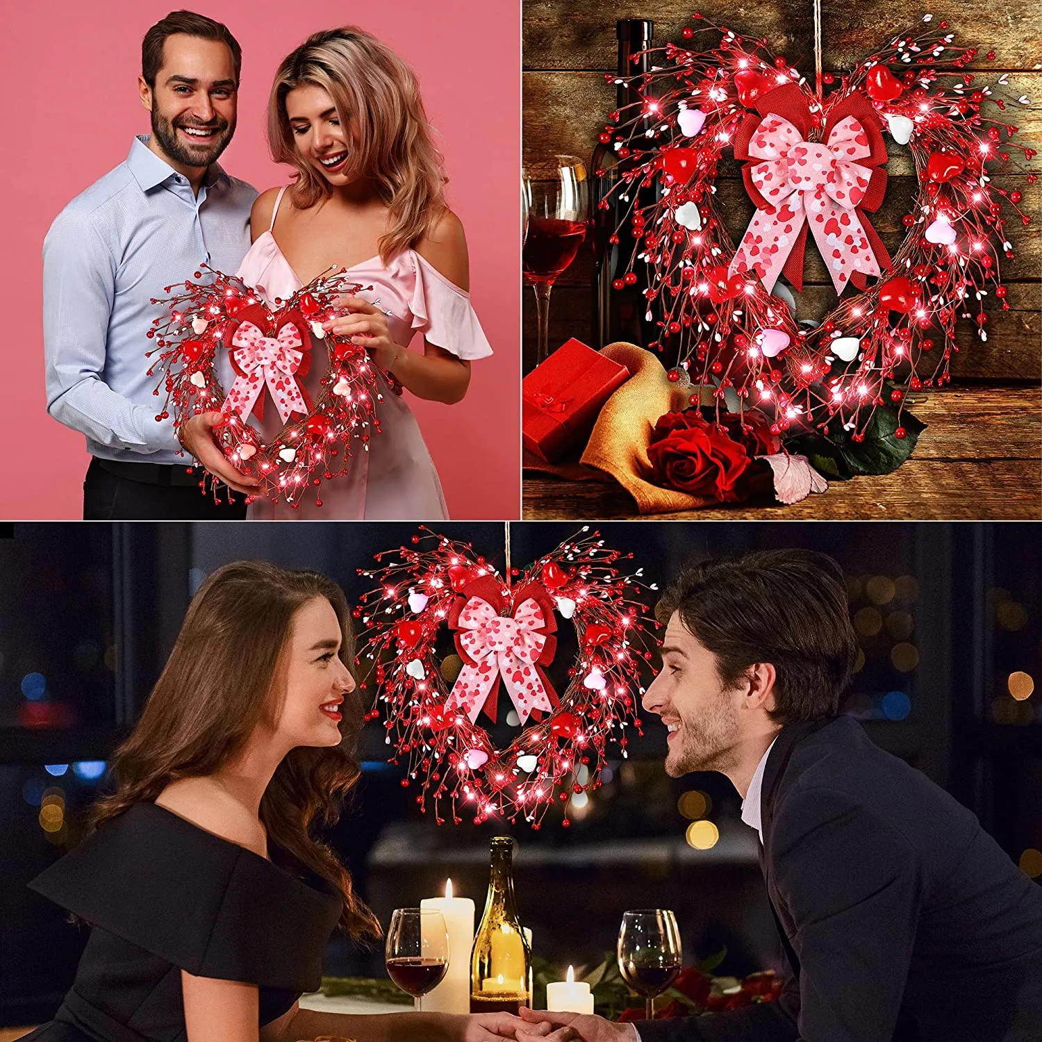 Valentines/Wedding Wreath with 20 Red LEDs, 12 Inch Heart Wreath with Handmade Heart Bow, Artificial Grapevine Red Berries Front Door Wreath for Valentine's Day Wedding Anniversary Decor (Red, Pink, White)