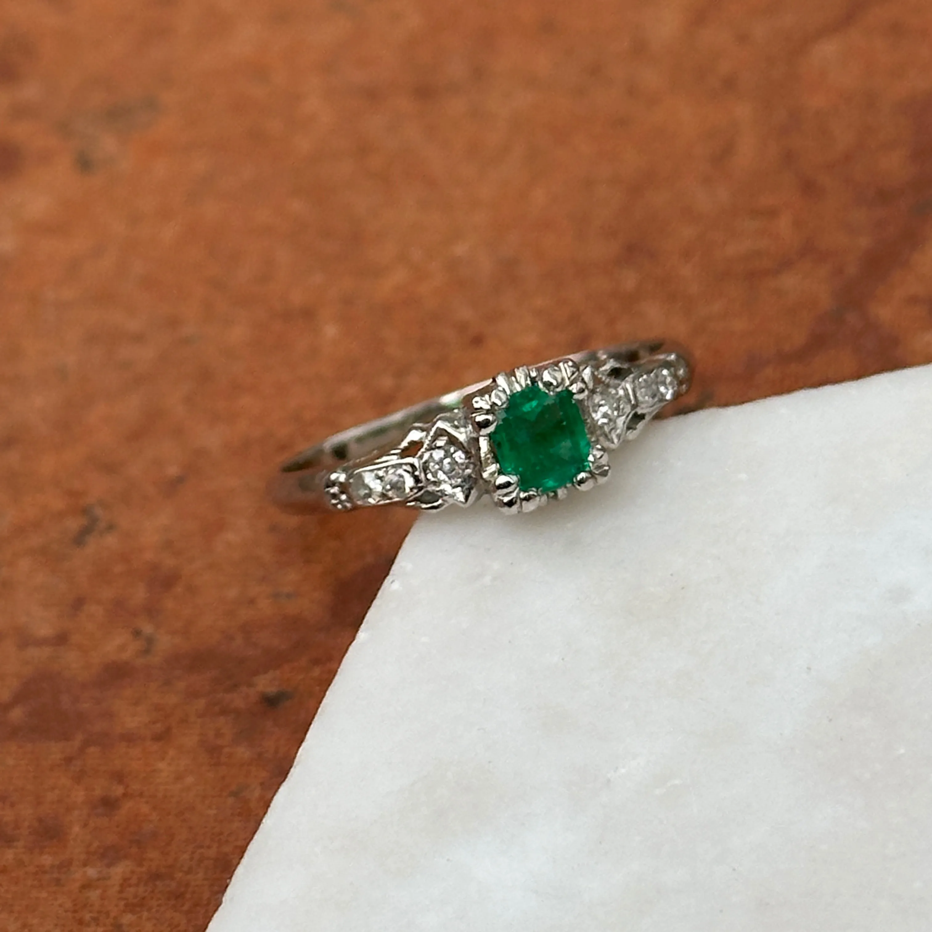 Vintage 18K White Gold Emerald   Diamond Ring