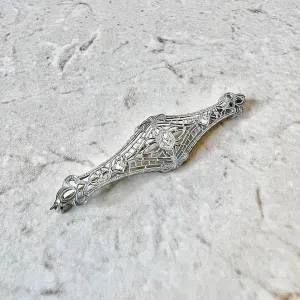 Vintage Art Deco 14 Karat White Gold & Platinum Filigree Diamond Brooch