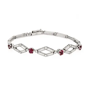 Vintage Art Deco Bracelet Ruby Diamond Platinum 7.5" Estate Fine Jewelry