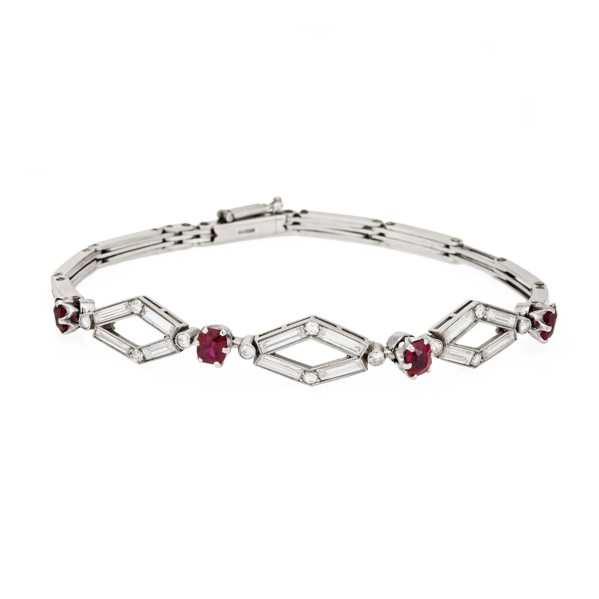 Vintage Art Deco Bracelet Ruby Diamond Platinum 7.5" Estate Fine Jewelry