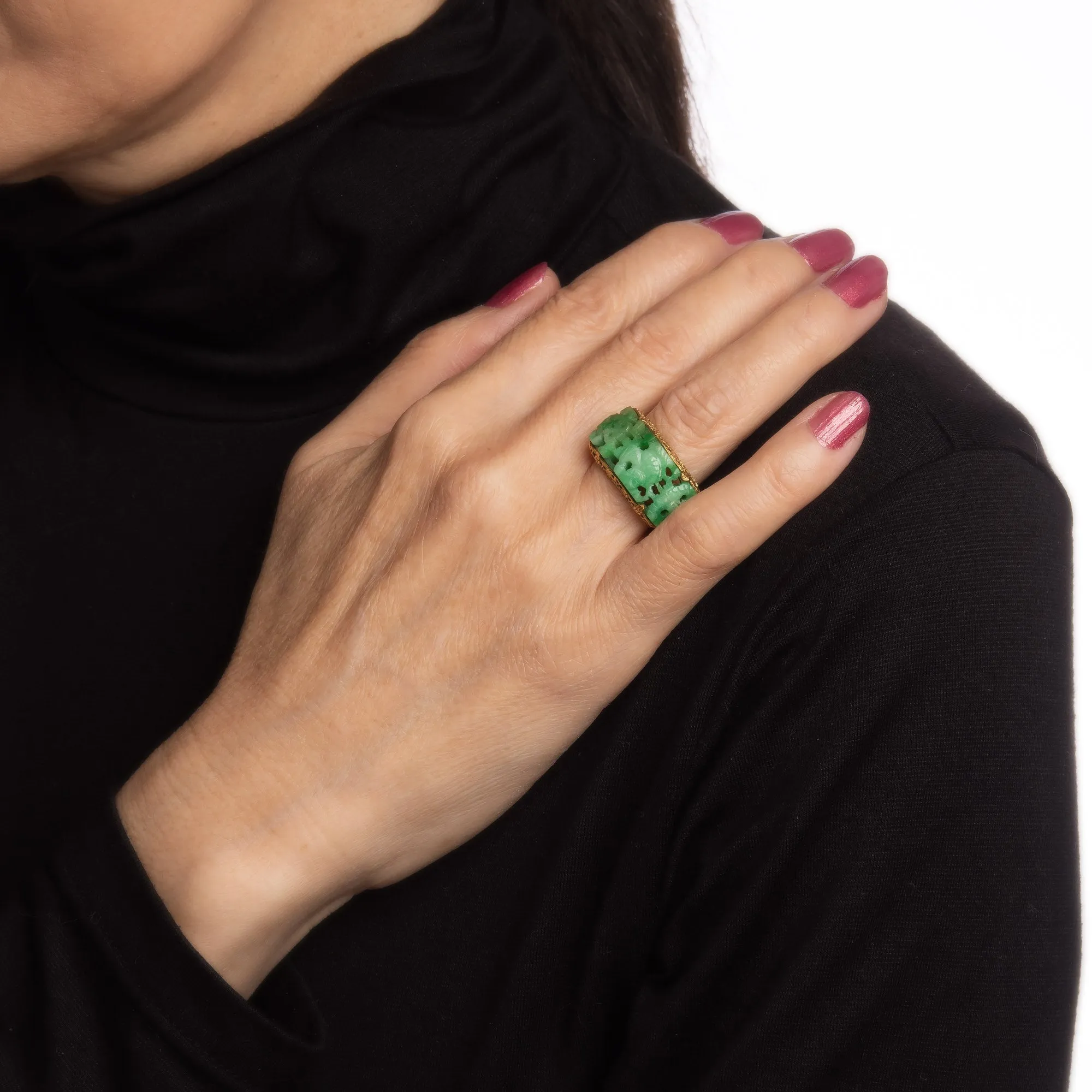 Vintage Art Deco Carved Jade Ring Buddha 14k Yellow Gold Sz 6 Filigree Jewelry
