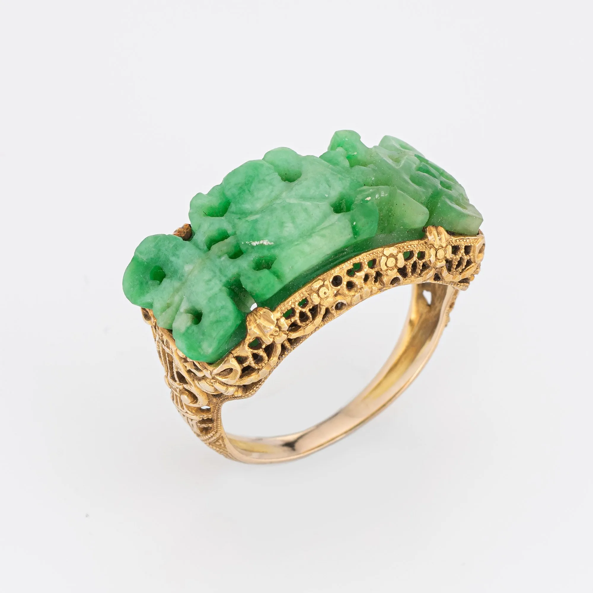 Vintage Art Deco Carved Jade Ring Buddha 14k Yellow Gold Sz 6 Filigree Jewelry