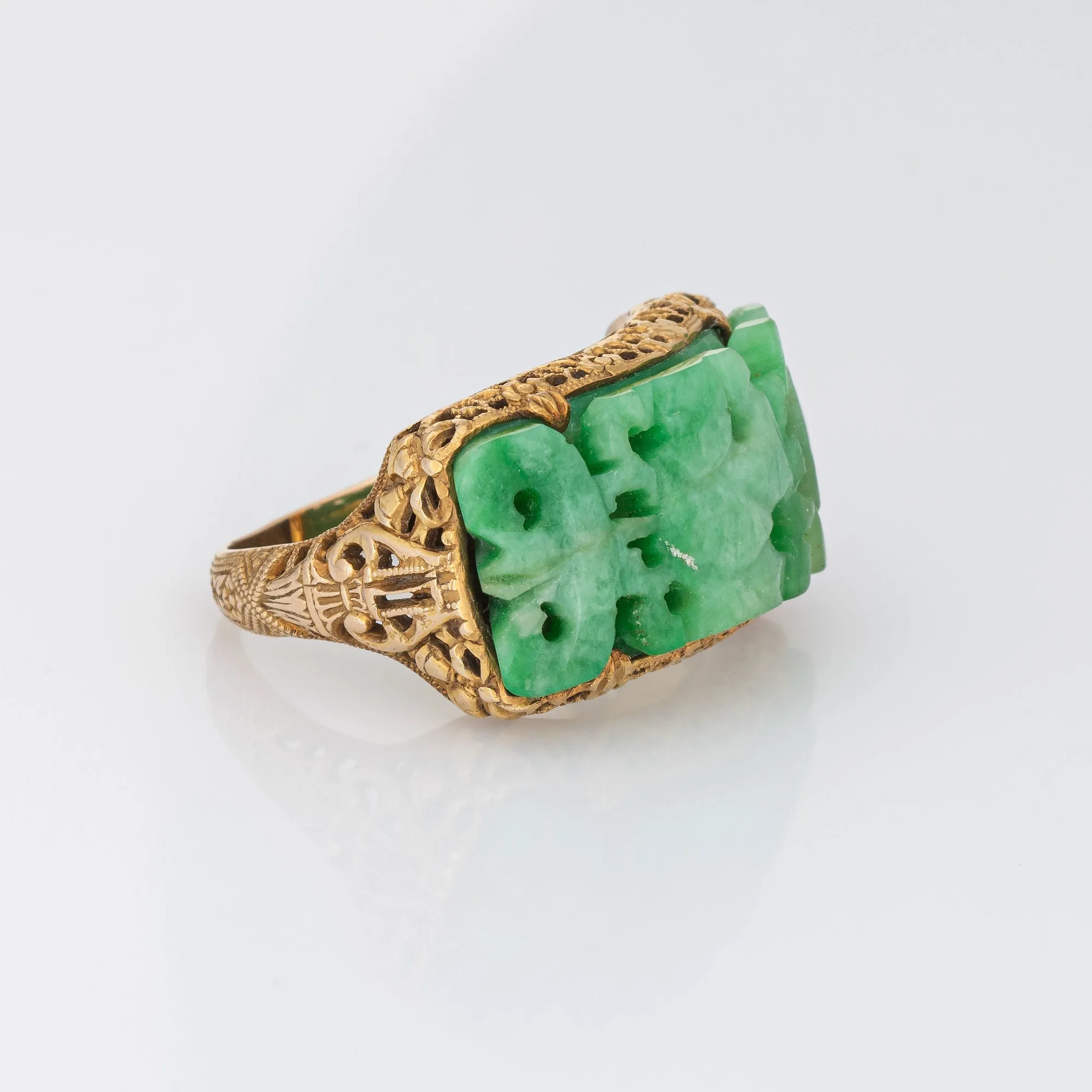 Vintage Art Deco Carved Jade Ring Buddha 14k Yellow Gold Sz 6 Filigree Jewelry