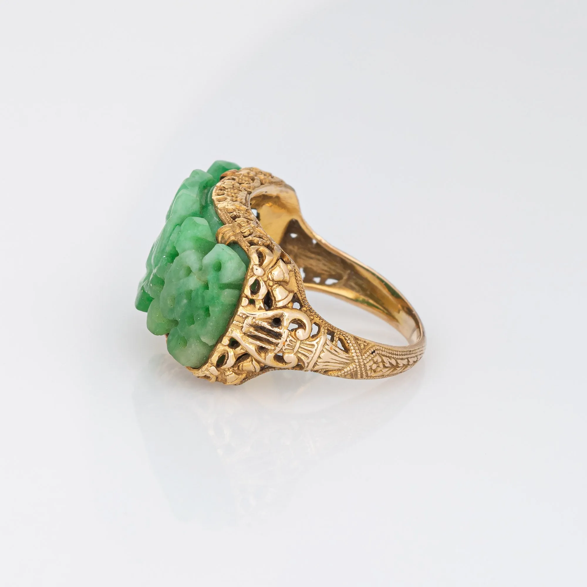 Vintage Art Deco Carved Jade Ring Buddha 14k Yellow Gold Sz 6 Filigree Jewelry