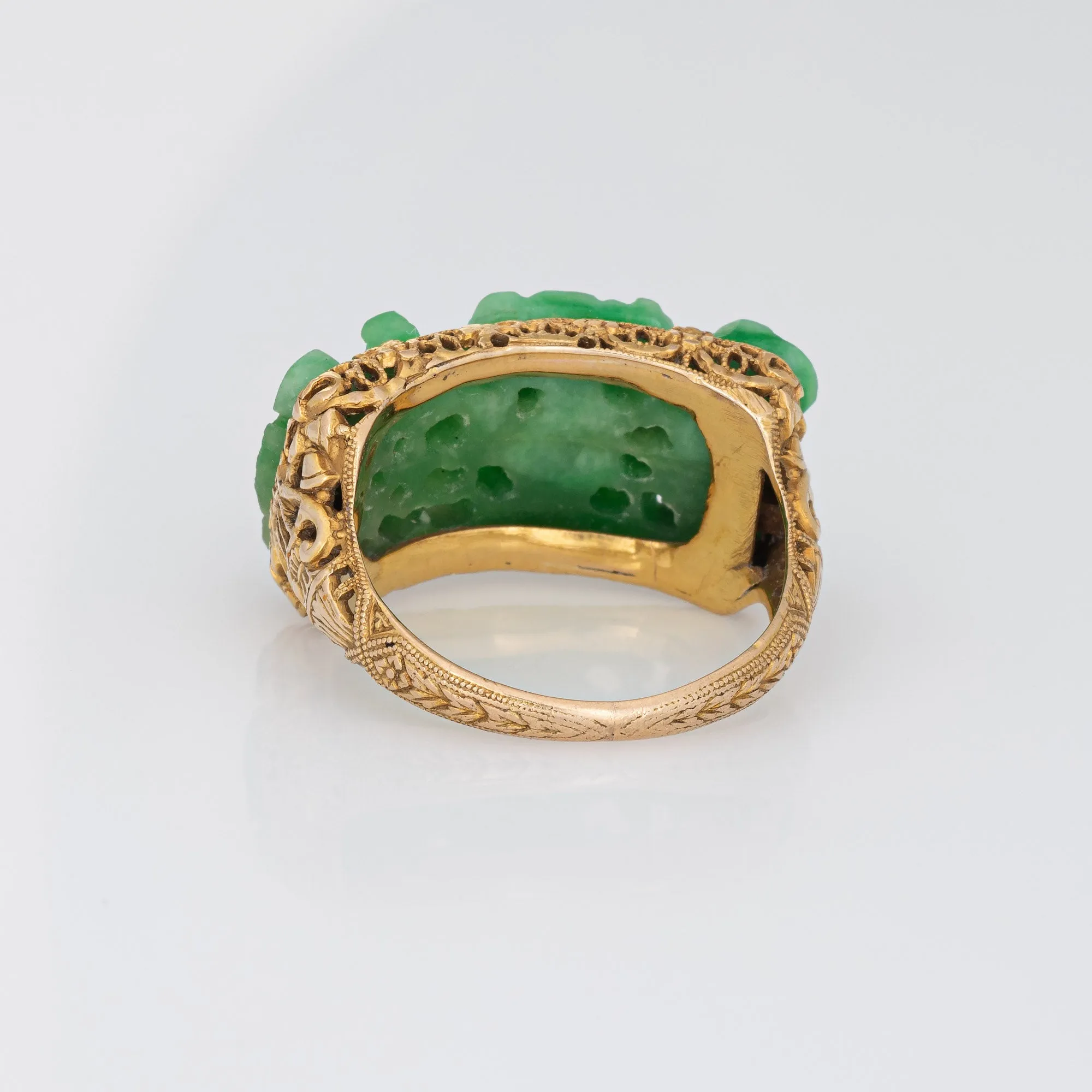 Vintage Art Deco Carved Jade Ring Buddha 14k Yellow Gold Sz 6 Filigree Jewelry