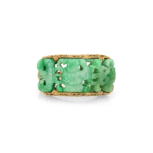 Vintage Art Deco Carved Jade Ring Buddha 14k Yellow Gold Sz 6 Filigree Jewelry