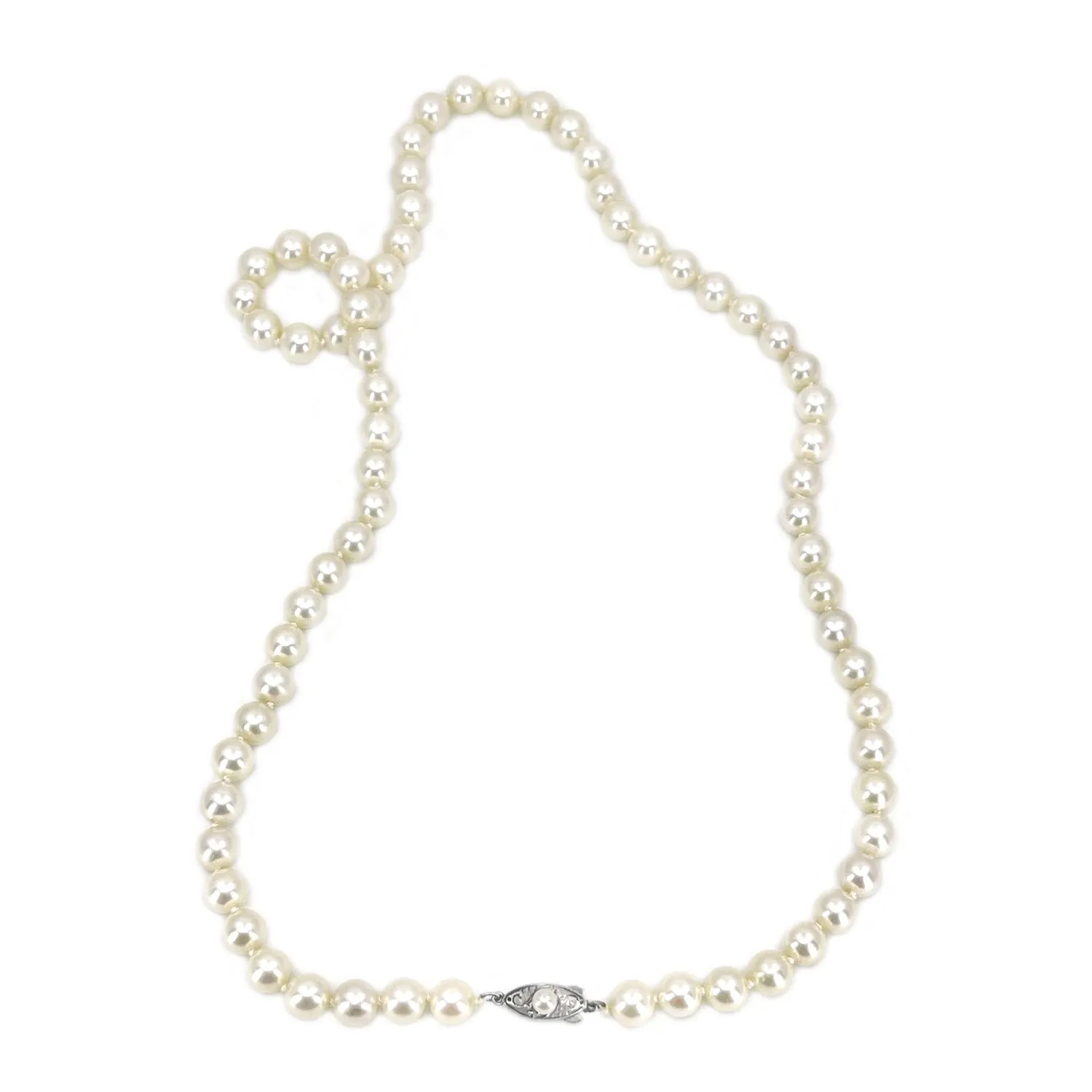 Vintage Art Deco Japanese Saltwater Cultured Akoya Pearl Graduated Necklace - Sterling Silver 24 Inch