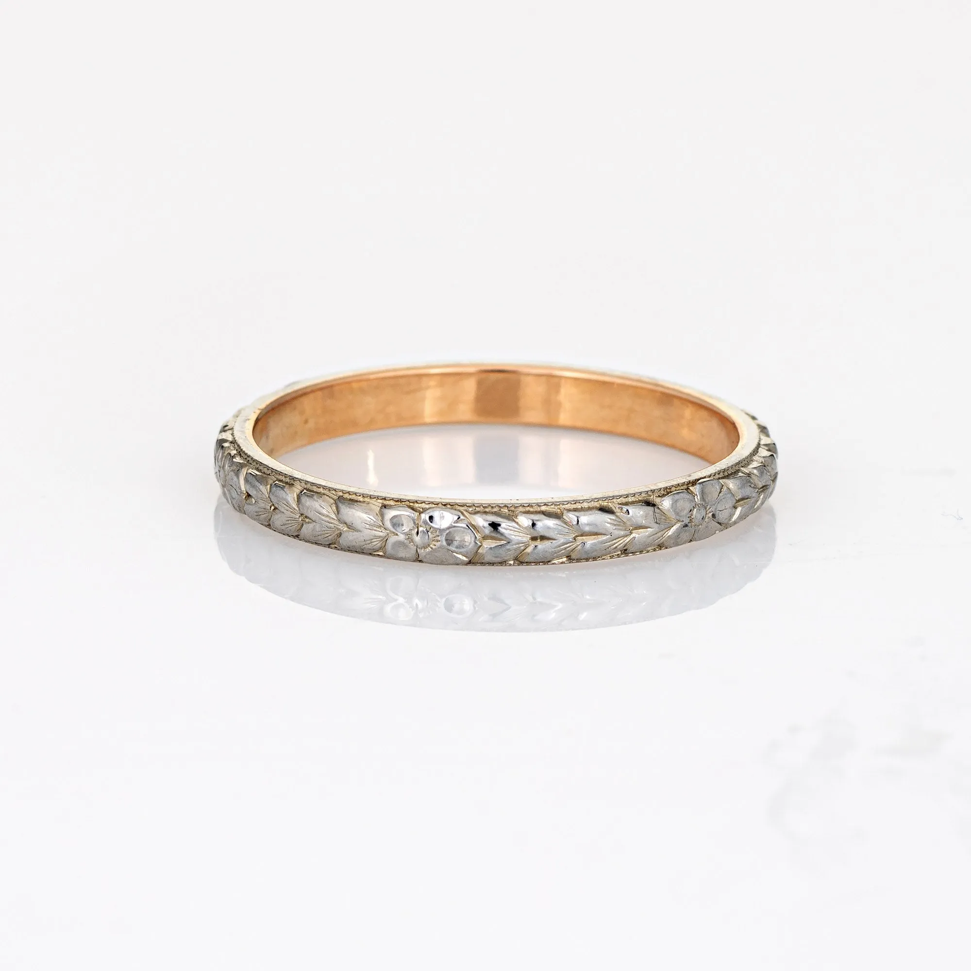 Vintage Art Deco Wedding Ring Foliate Pattern Sz 7.75 Band 14k White Gold