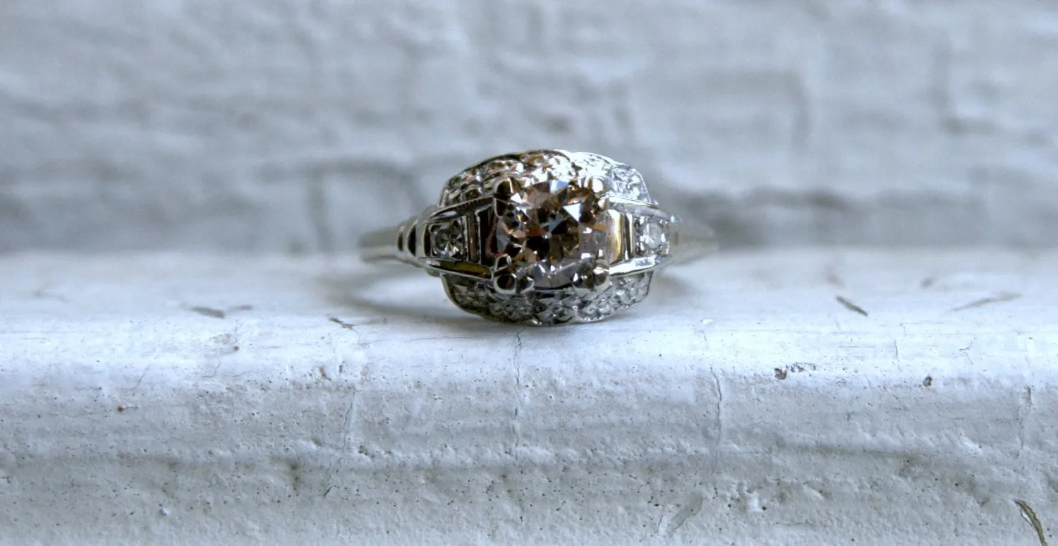 Vintage Floral 14K White Gold Diamond Engagement Ring - 0.71ct.
