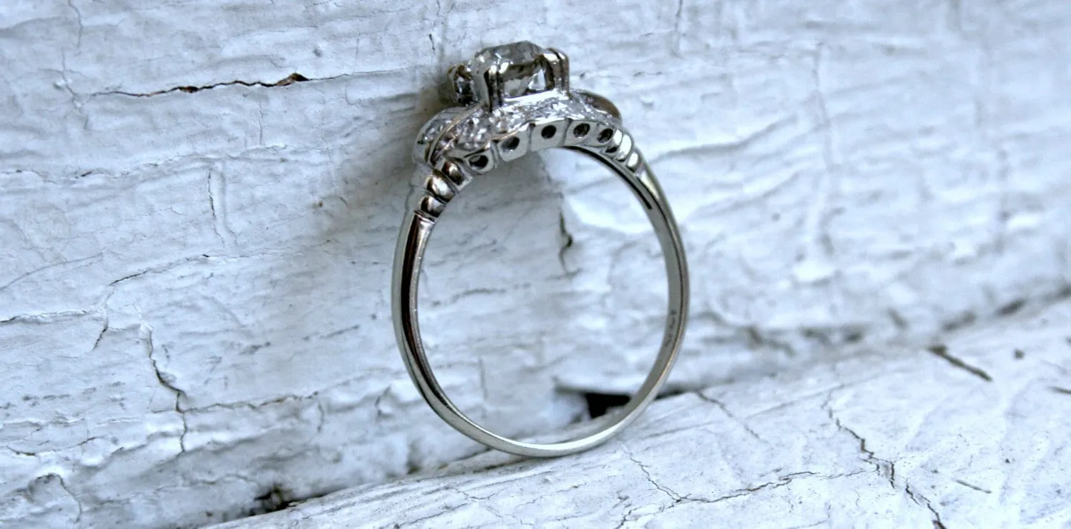 Vintage Floral 14K White Gold Diamond Engagement Ring - 0.71ct.