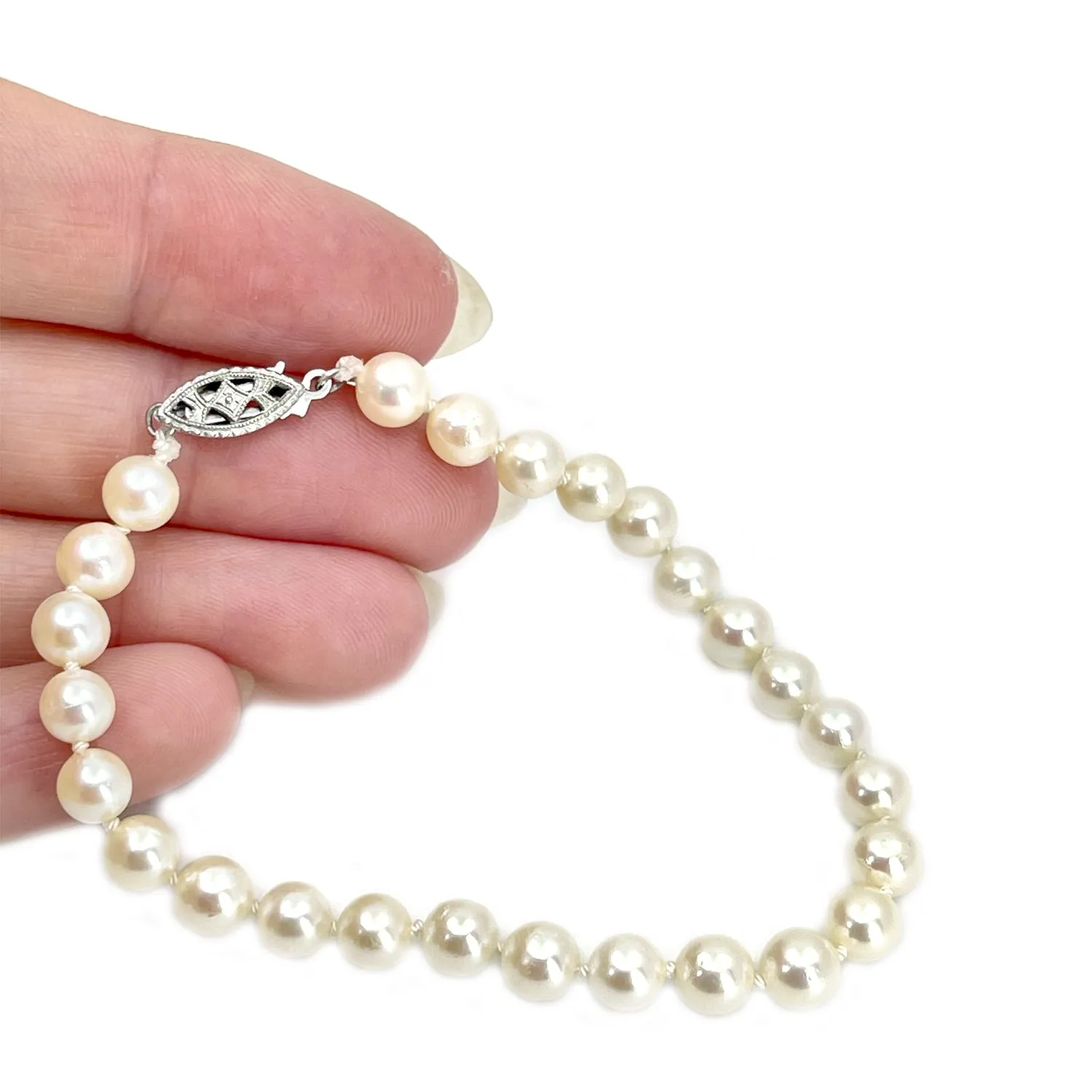 Vintage Japanese Floral Saltwater Akoya Cultured Pearl Bracelet- Sterling Silver