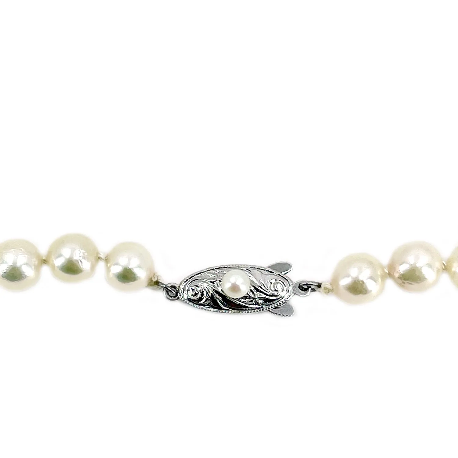Vintage Long Engraved Japanese Saltwater Cultured Akoya Pearl Necklace - Sterling Silver 24.50 Inch