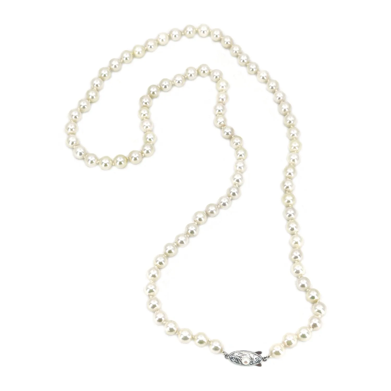 Vintage Long Engraved Japanese Saltwater Cultured Akoya Pearl Necklace - Sterling Silver 24.50 Inch