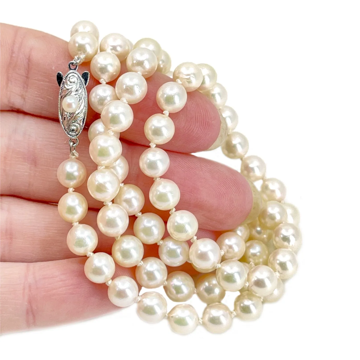 Vintage Long Engraved Japanese Saltwater Cultured Akoya Pearl Necklace - Sterling Silver 24.50 Inch