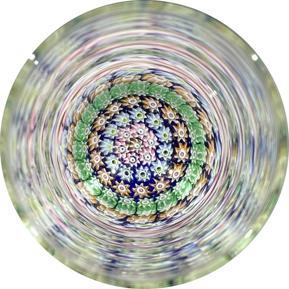 Vintage Perthshire Glass Art Paperweight Style Shot Glass with Concentric Millefiori on Blue