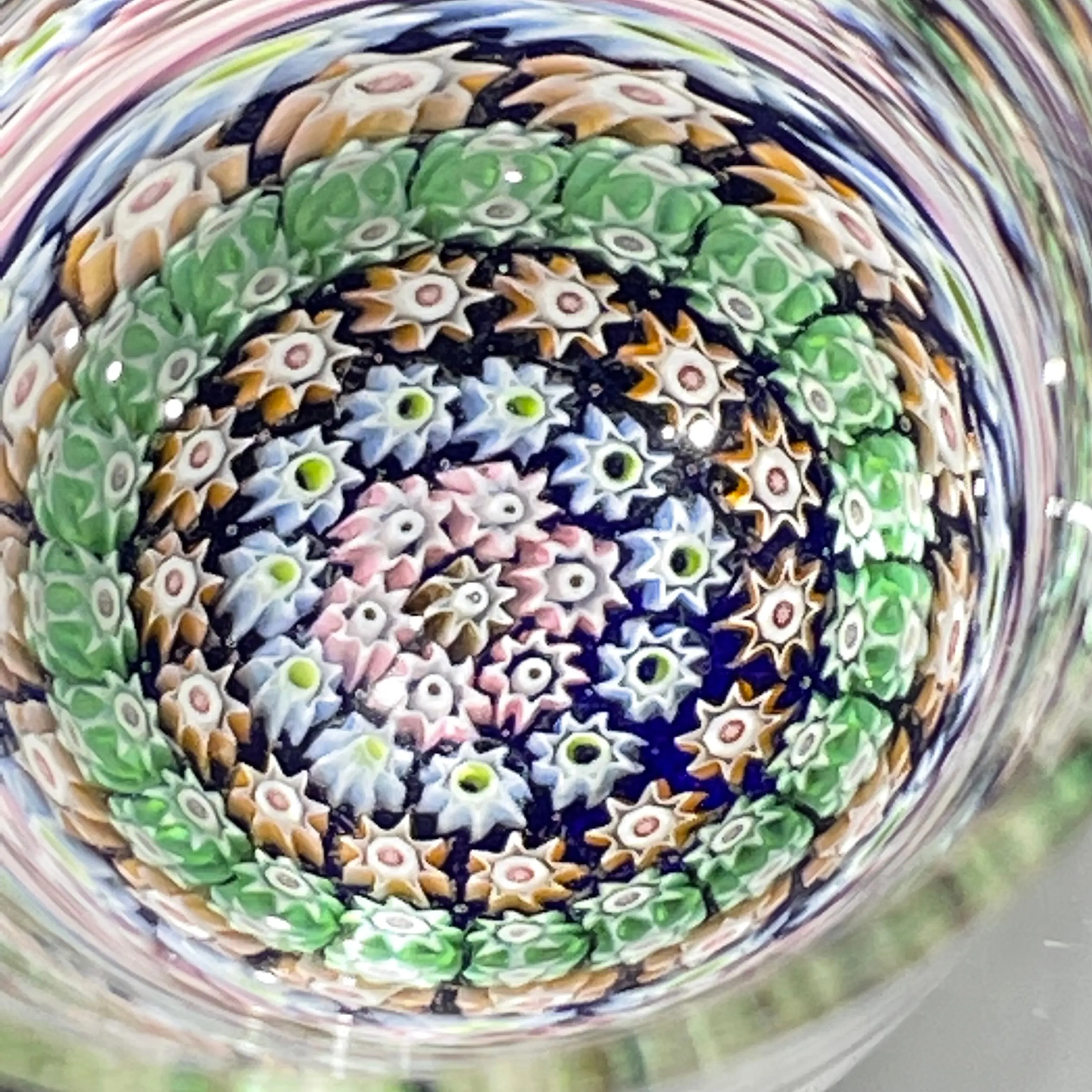 Vintage Perthshire Glass Art Paperweight Style Shot Glass with Concentric Millefiori on Blue