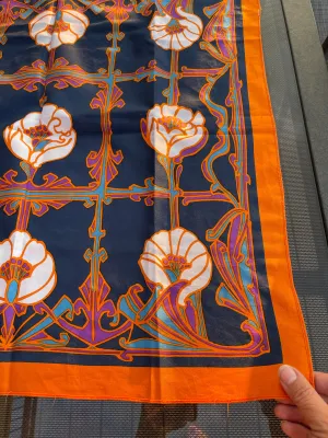 Vintage Scarf with Art Deco Flower Design in Navy, Orange and White
