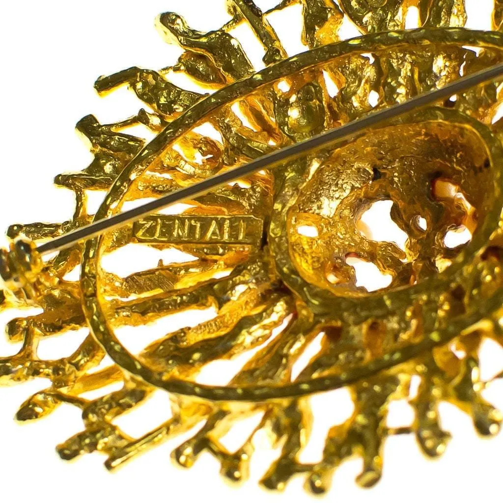 Vintage Zentall Gold Brutalist Modern Brooch with Pearls