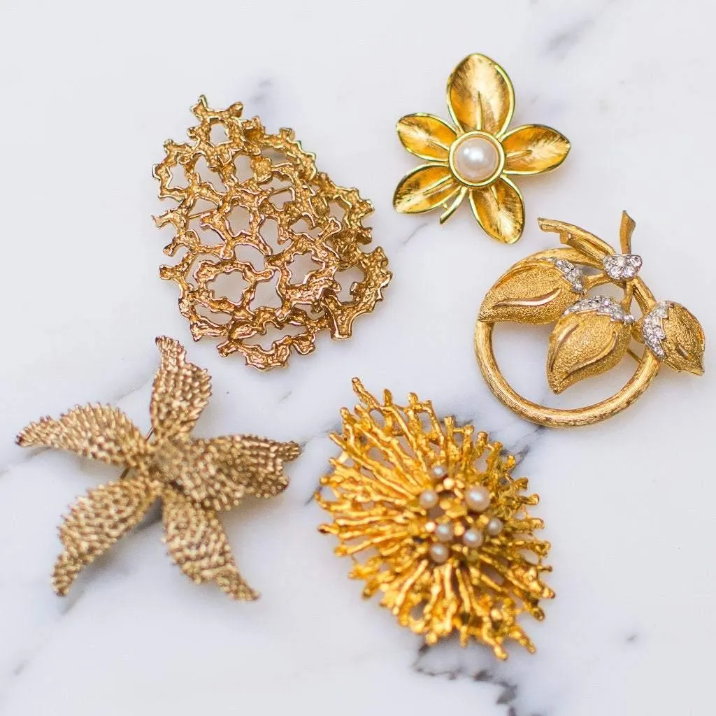 Vintage Zentall Gold Brutalist Modern Brooch with Pearls