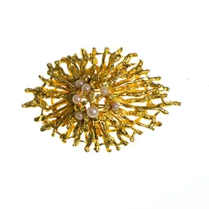 Vintage Zentall Gold Brutalist Modern Brooch with Pearls