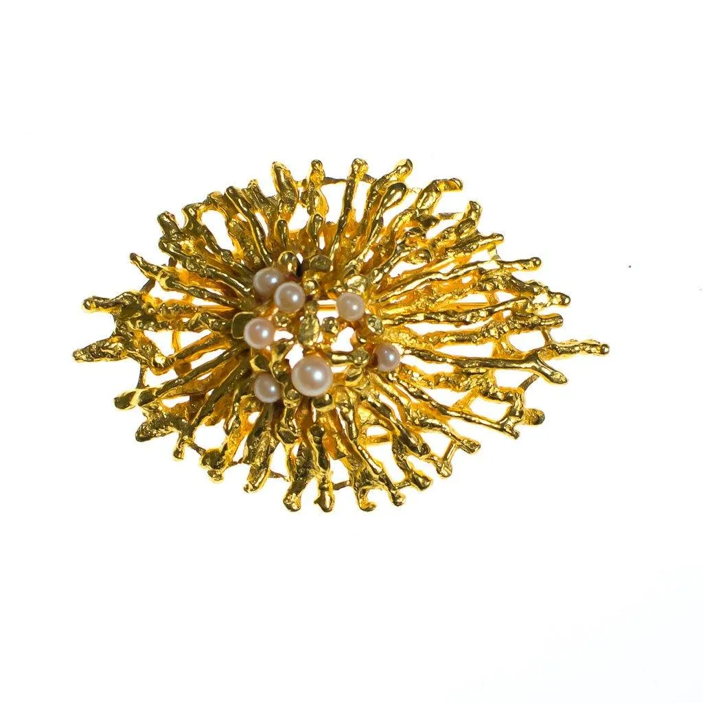 Vintage Zentall Gold Brutalist Modern Brooch with Pearls