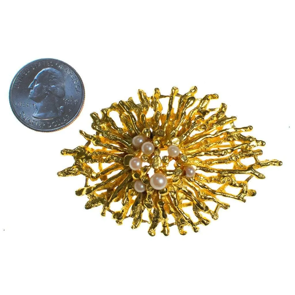 Vintage Zentall Gold Brutalist Modern Brooch with Pearls
