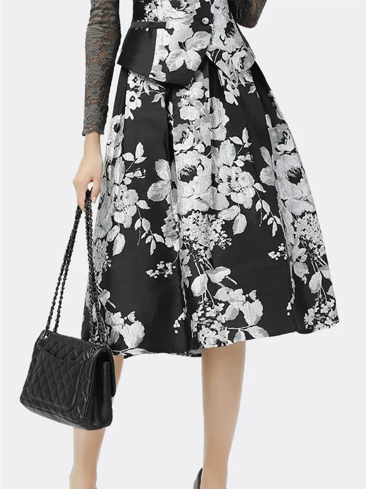 VougeVamp Floral Jacquard 2-Piece Skirt Set - Sleeveless V-Neck Vest and Skirt for Women