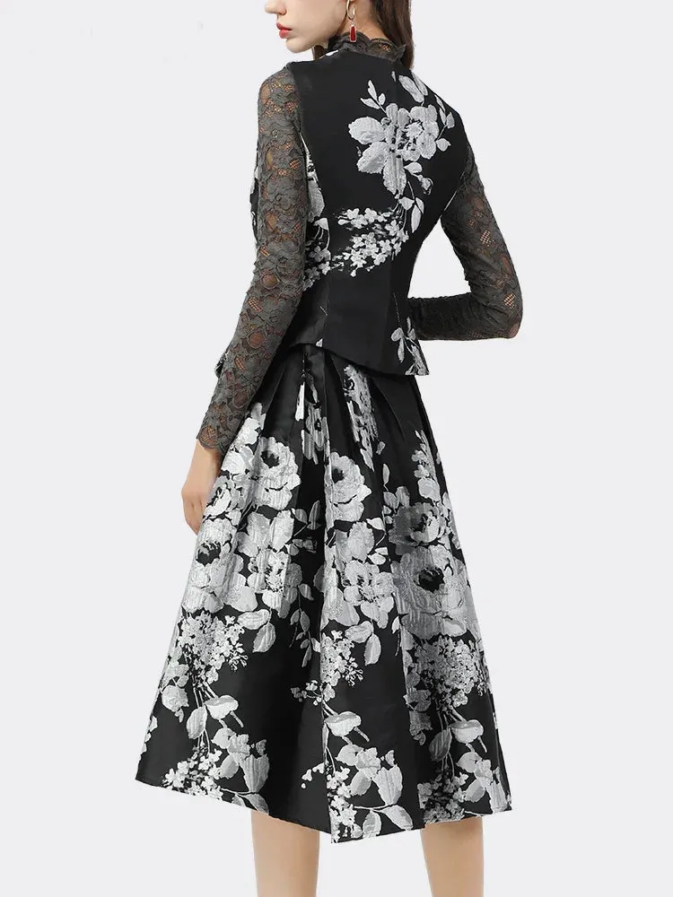 VougeVamp Floral Jacquard 2-Piece Skirt Set - Sleeveless V-Neck Vest and Skirt for Women