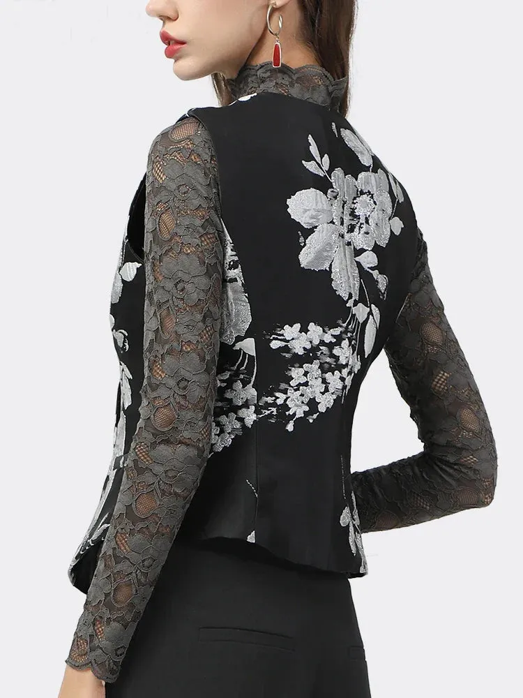 VougeVamp Floral Jacquard 2-Piece Skirt Set - Sleeveless V-Neck Vest and Skirt for Women