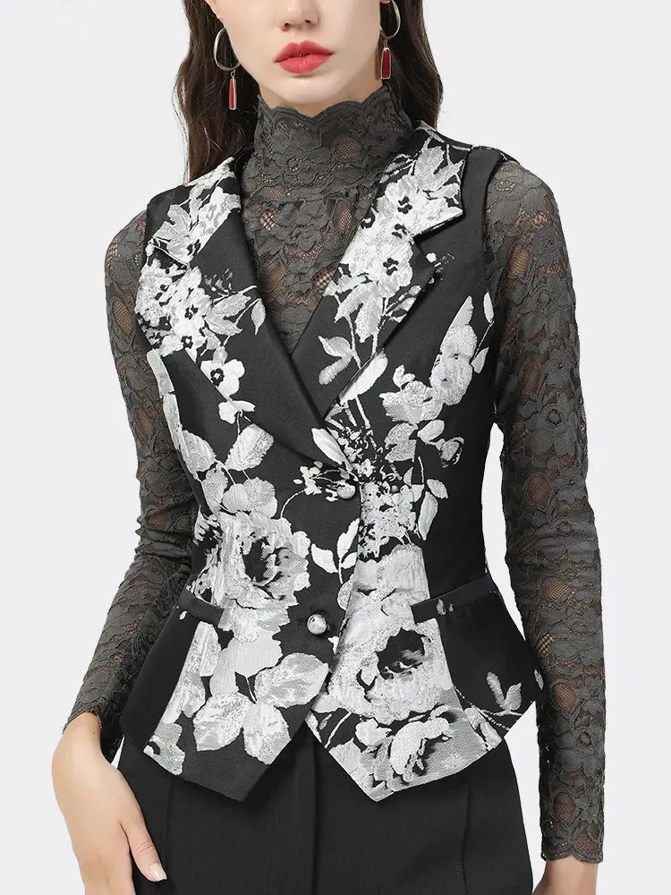 VougeVamp Floral Jacquard 2-Piece Skirt Set - Sleeveless V-Neck Vest and Skirt for Women