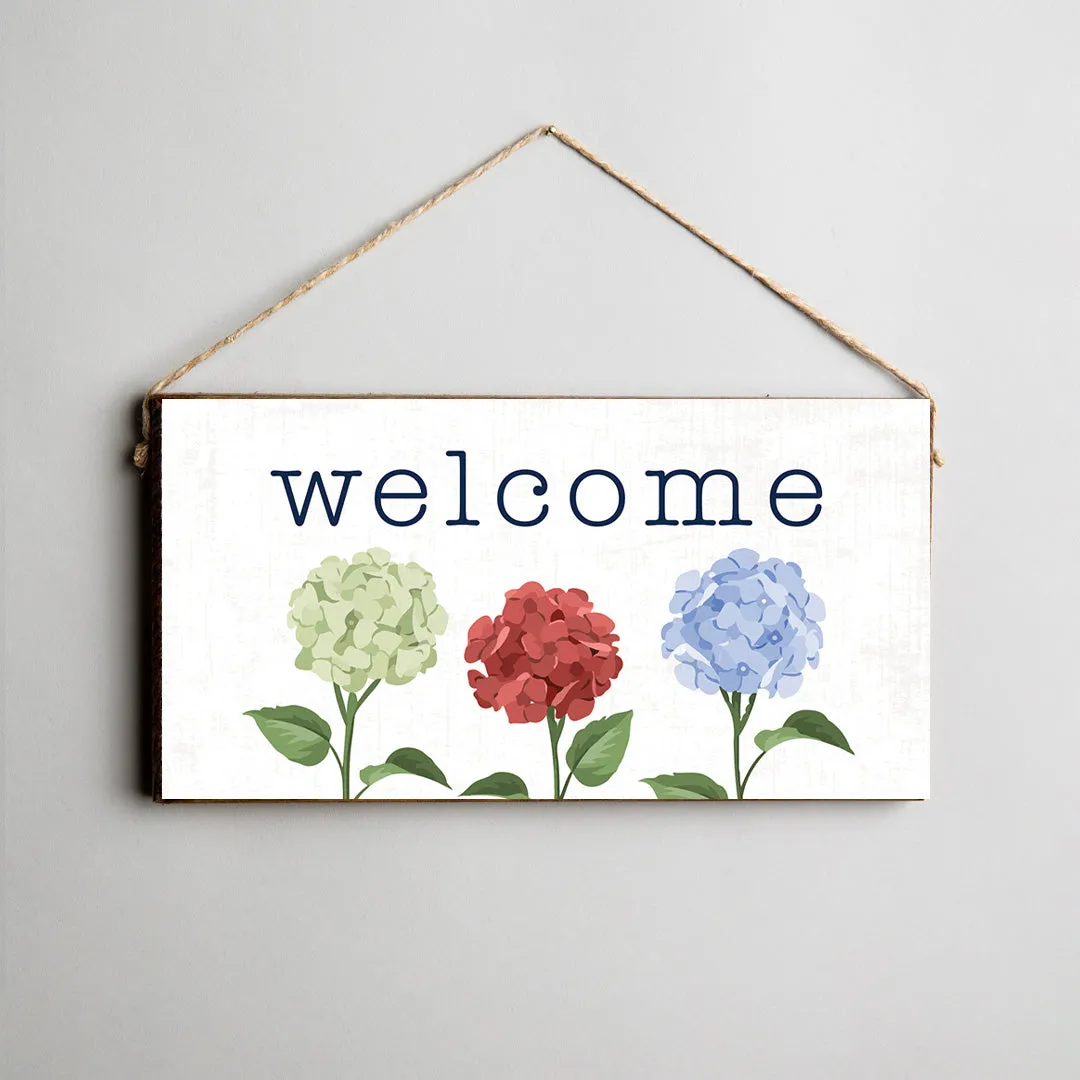 Welcome Patriotic Hydrangeas Twine Hanging Sign