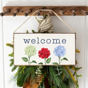 Welcome Patriotic Hydrangeas Twine Hanging Sign