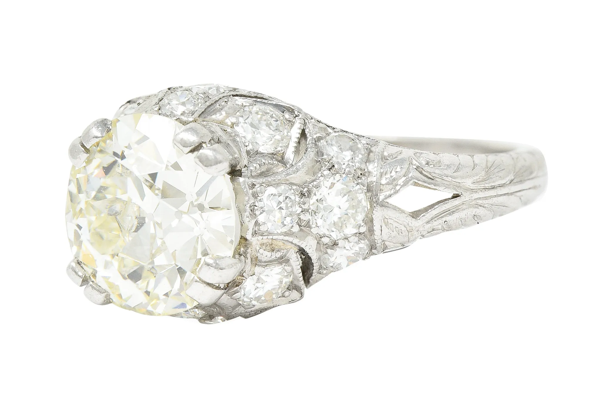 Wheeler & Co. Art Deco 3.16 CTW Old European Cut Diamond Platinum Scrolling Engagement Ring