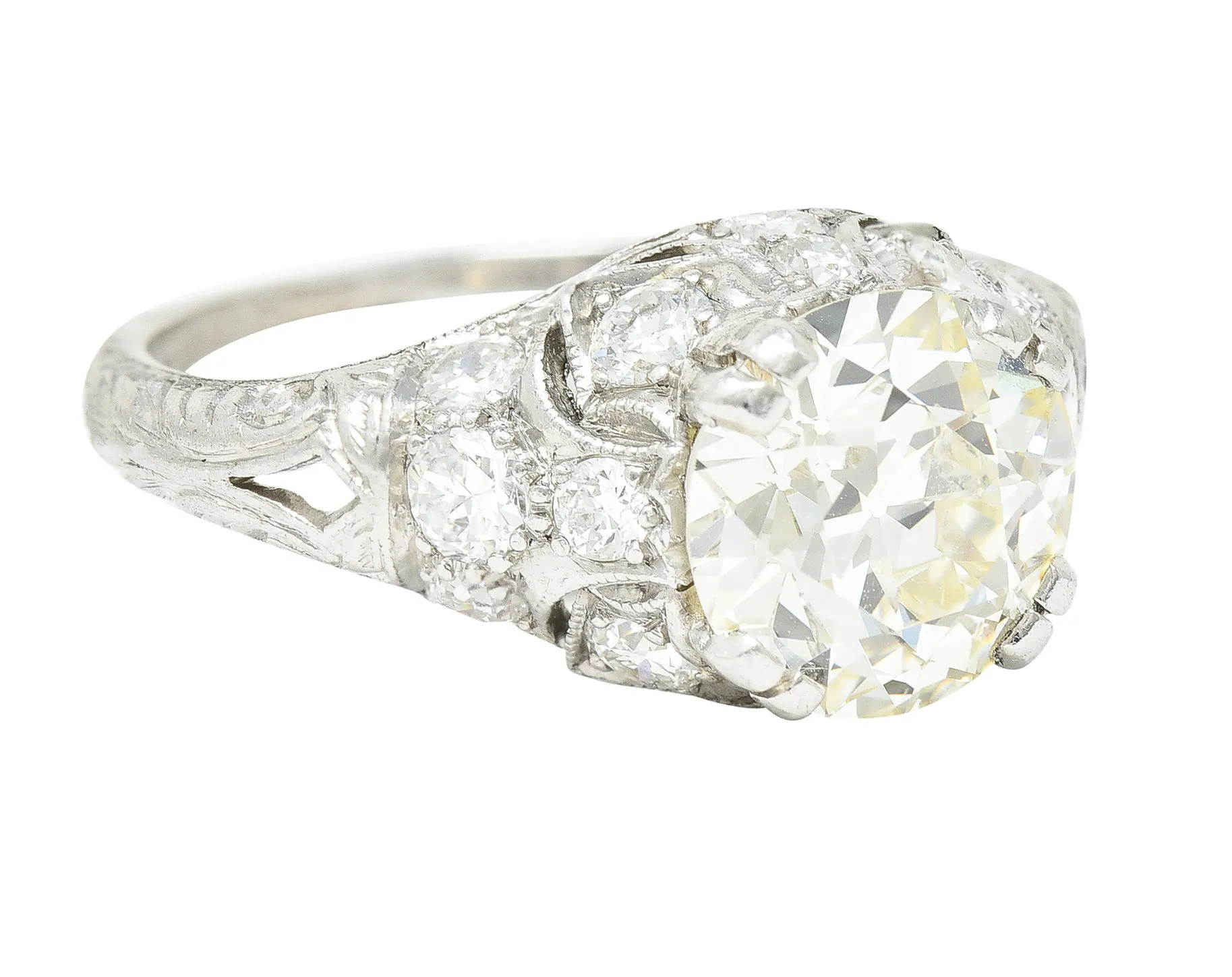Wheeler & Co. Art Deco 3.16 CTW Old European Cut Diamond Platinum Scrolling Engagement Ring