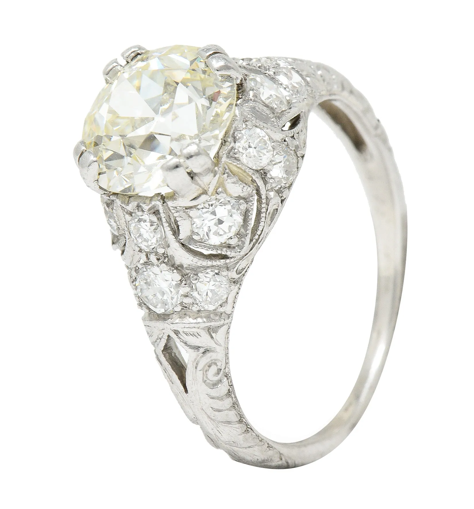 Wheeler & Co. Art Deco 3.16 CTW Old European Cut Diamond Platinum Scrolling Engagement Ring
