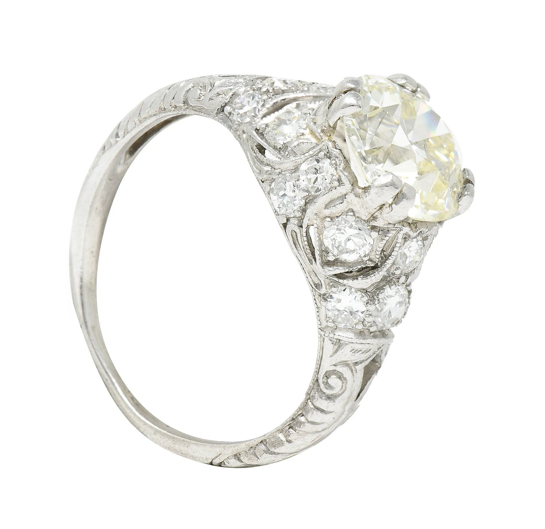Wheeler & Co. Art Deco 3.16 CTW Old European Cut Diamond Platinum Scrolling Engagement Ring
