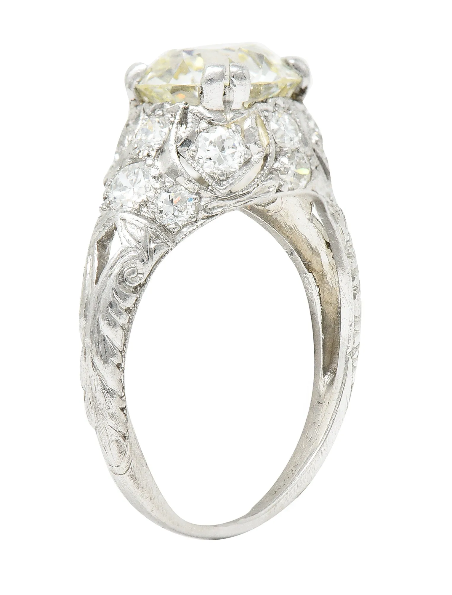 Wheeler & Co. Art Deco 3.16 CTW Old European Cut Diamond Platinum Scrolling Engagement Ring