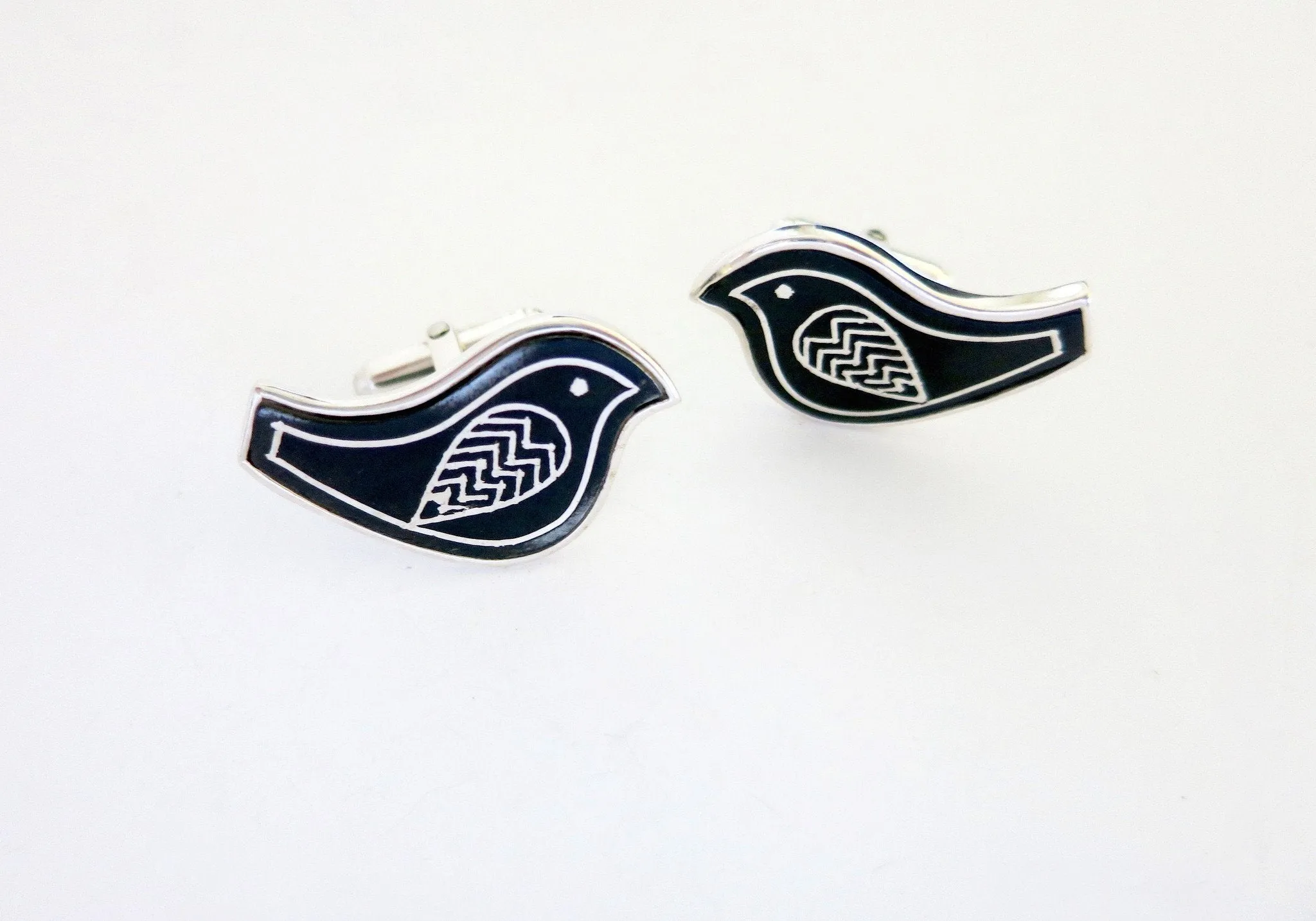 Whimsical, Mid-century mod Bidri bird cufflinks