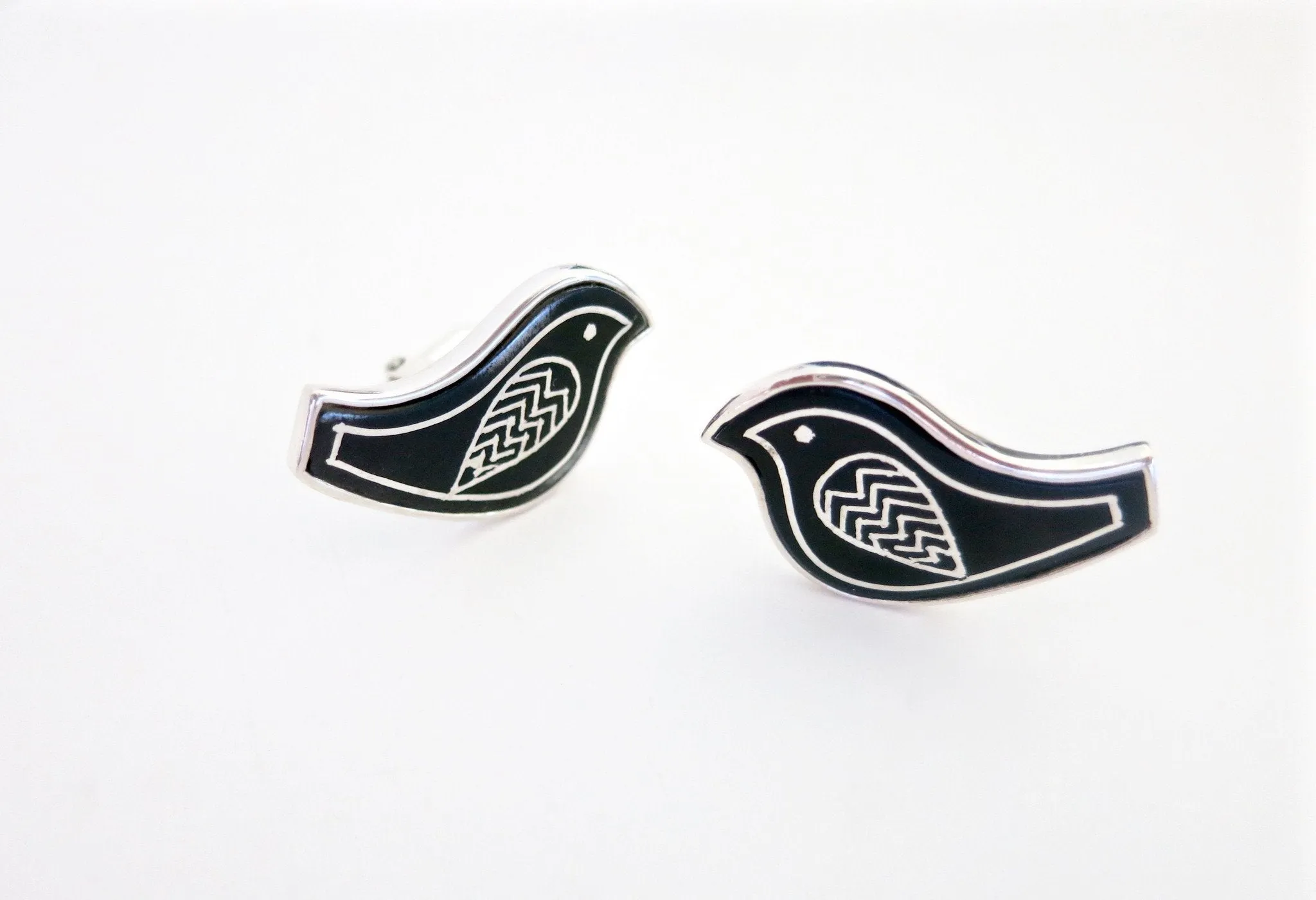 Whimsical, Mid-century mod Bidri bird cufflinks