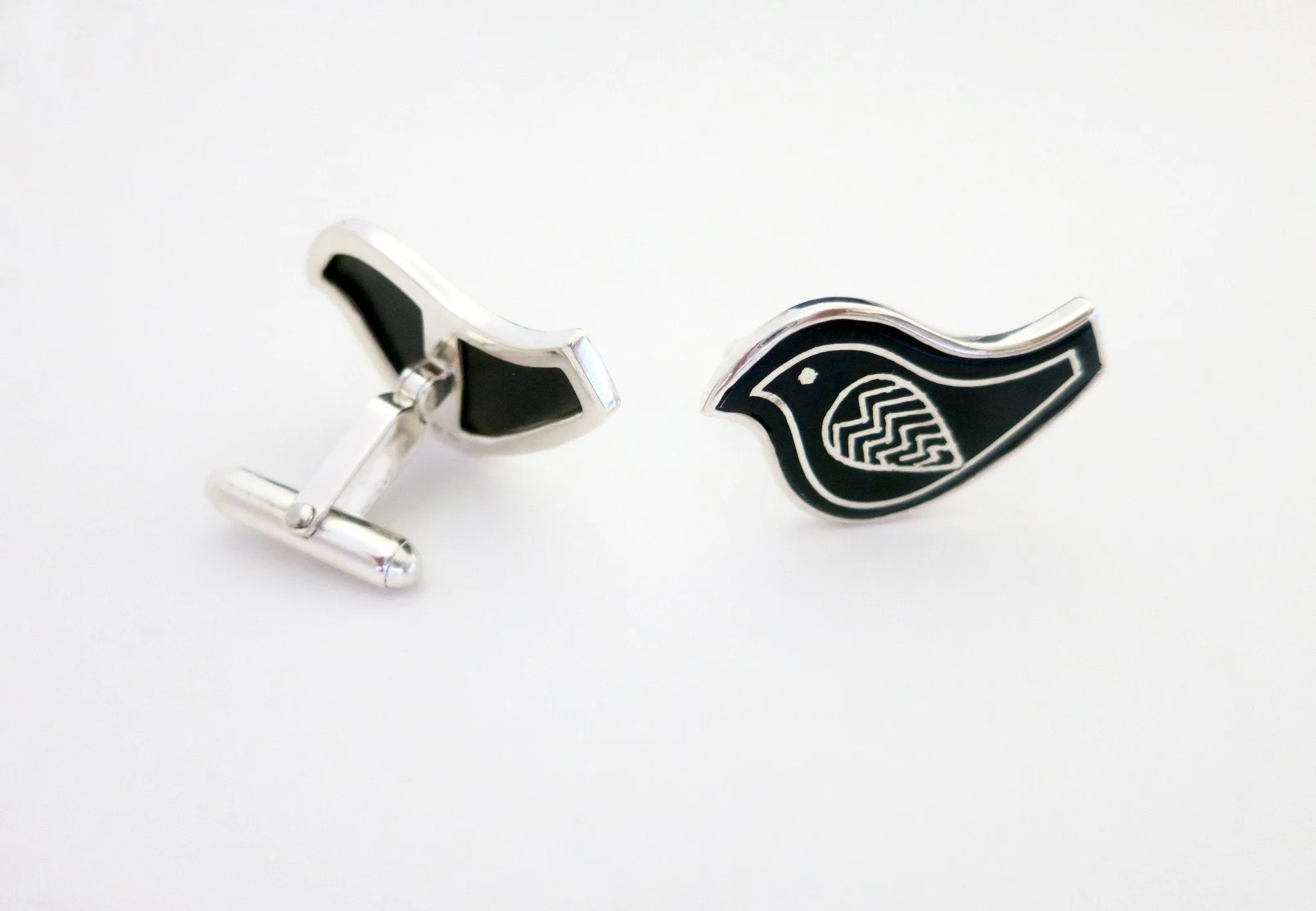 Whimsical, Mid-century mod Bidri bird cufflinks
