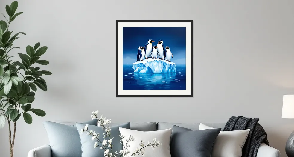 Whimsical Penguins on Iceberg Wall Art Poster