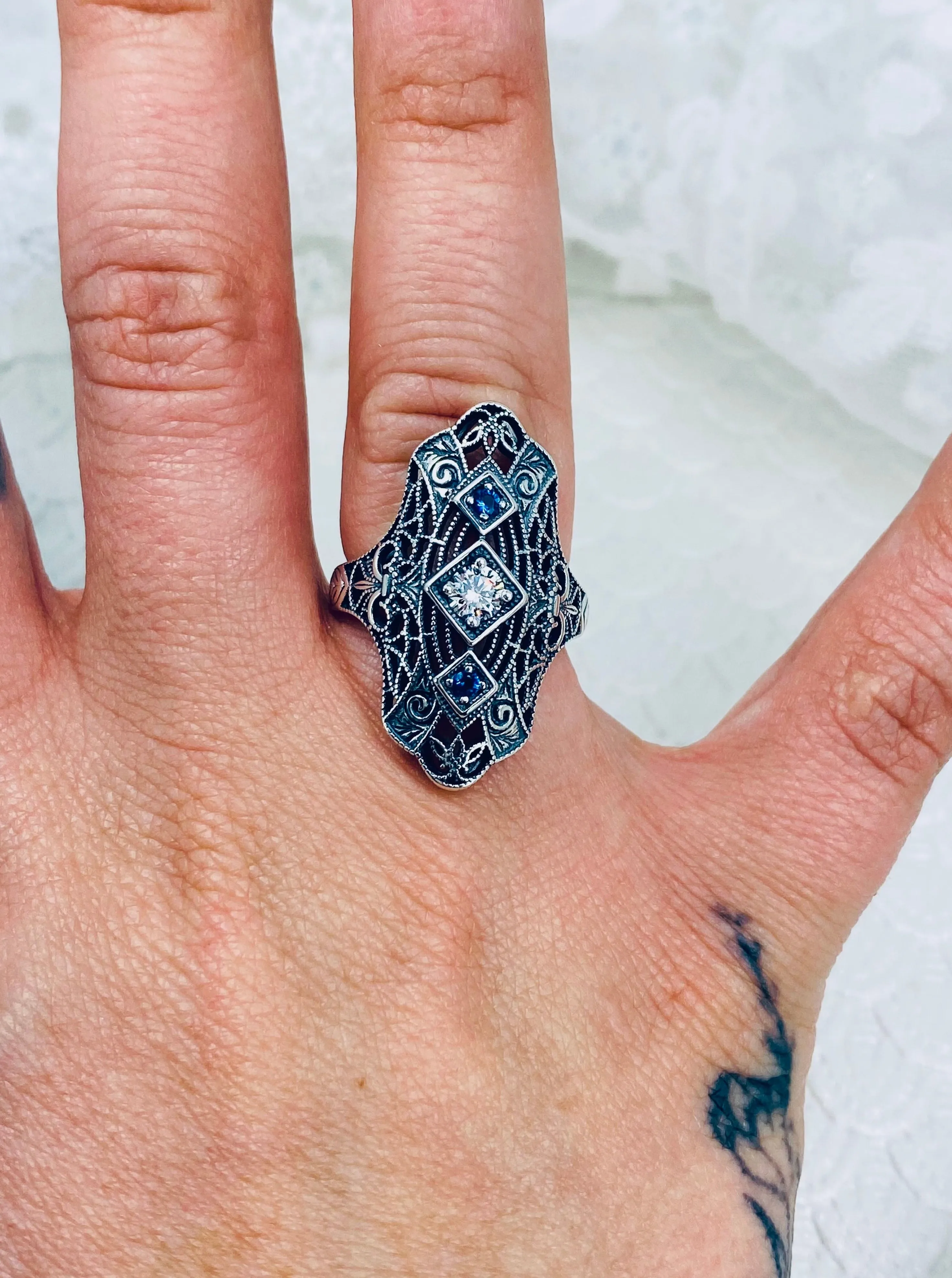 White CZ & Blue Sapphire Ring, 1920s-30s Art Deco, Gatsby style Jewelry D593