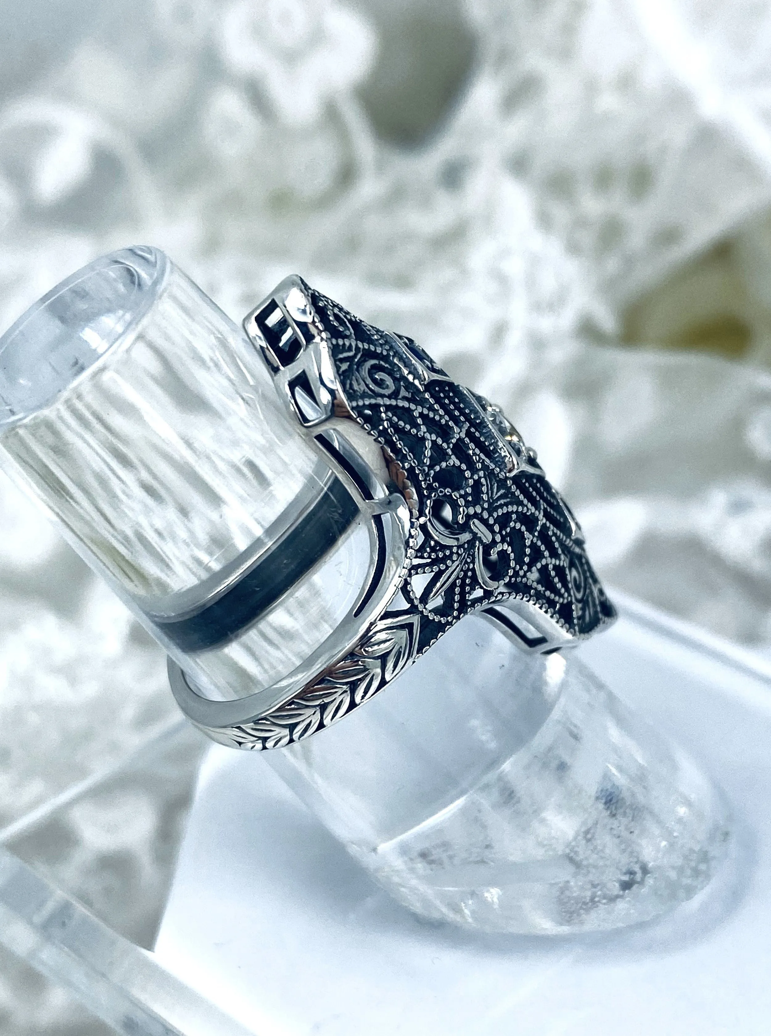 White CZ & Blue Sapphire Ring, 1920s-30s Art Deco, Gatsby style Jewelry D593