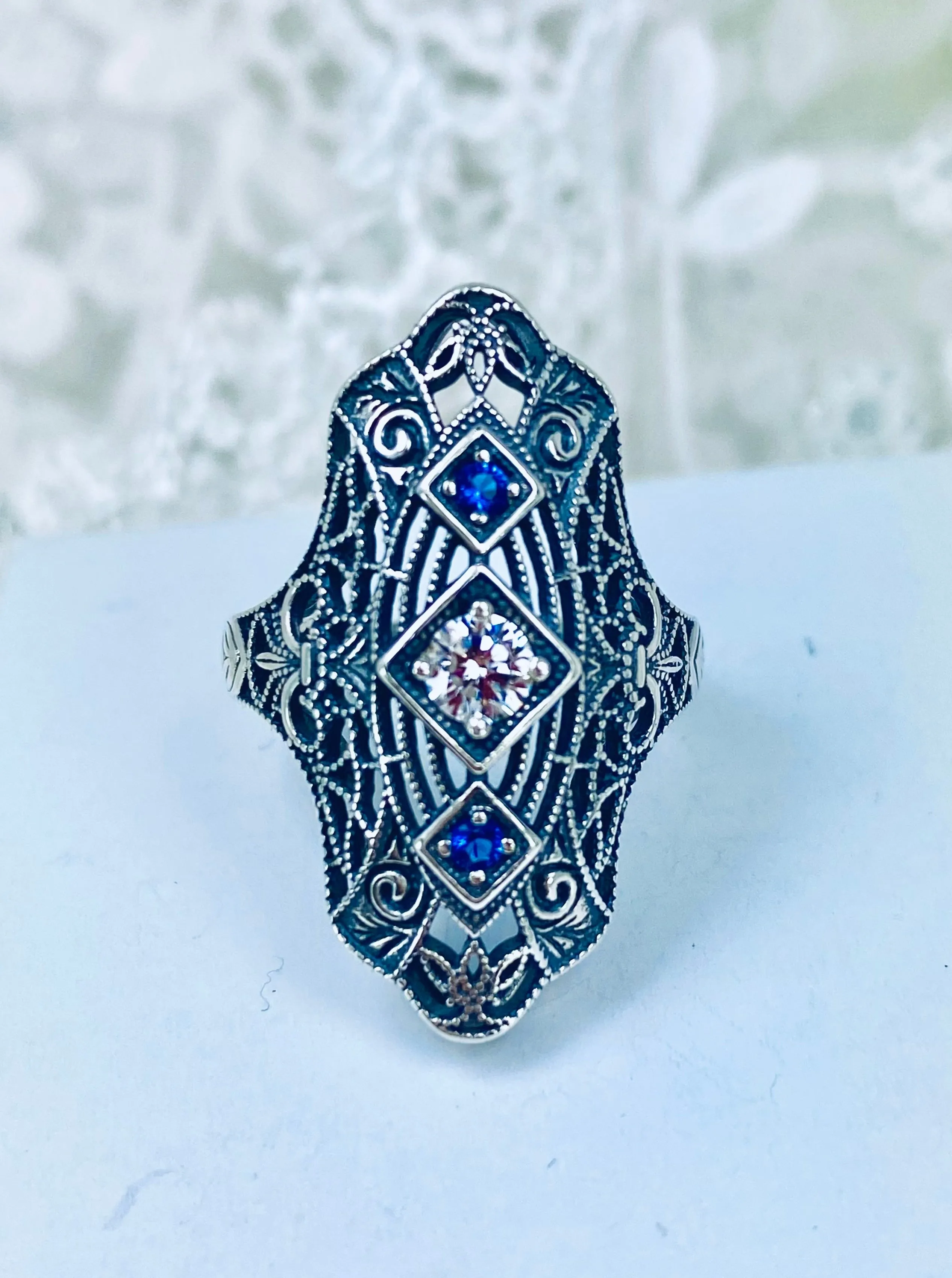 White CZ & Blue Sapphire Ring, 1920s-30s Art Deco, Gatsby style Jewelry D593