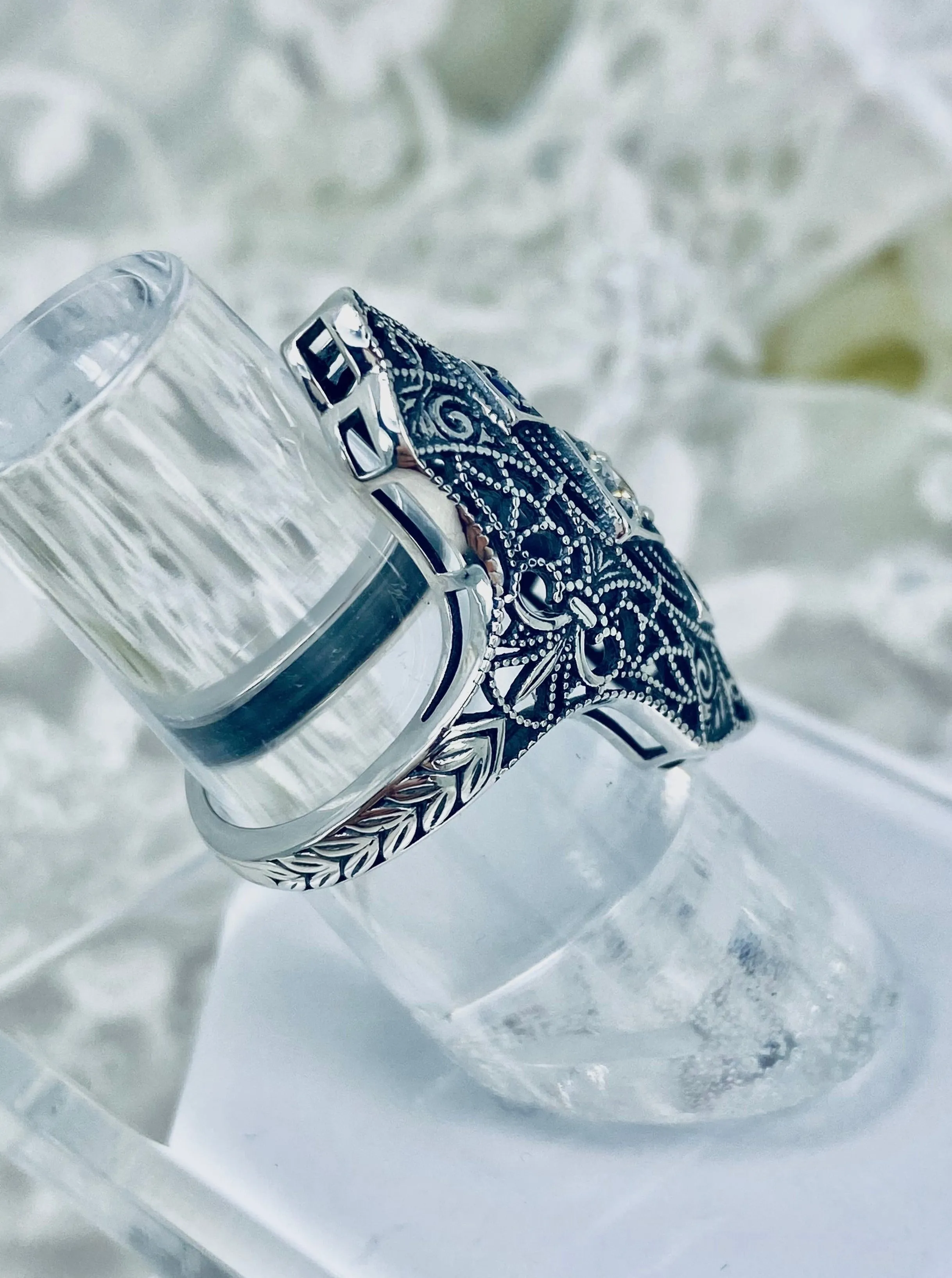 White CZ & Blue Sapphire Ring, 1920s-30s Art Deco, Gatsby style Jewelry D593